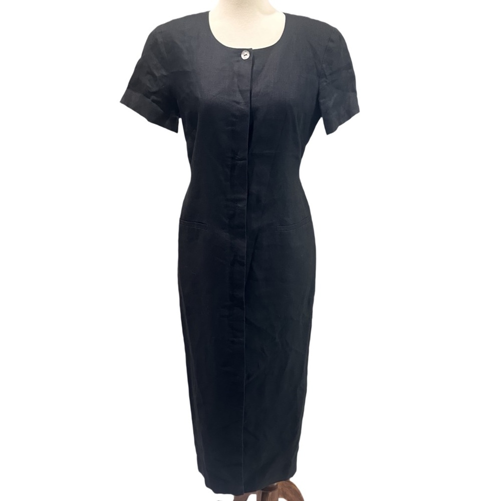 Talbots Petites 100% Irish Linen Vintage Classic Black Midi Dress Button down 4